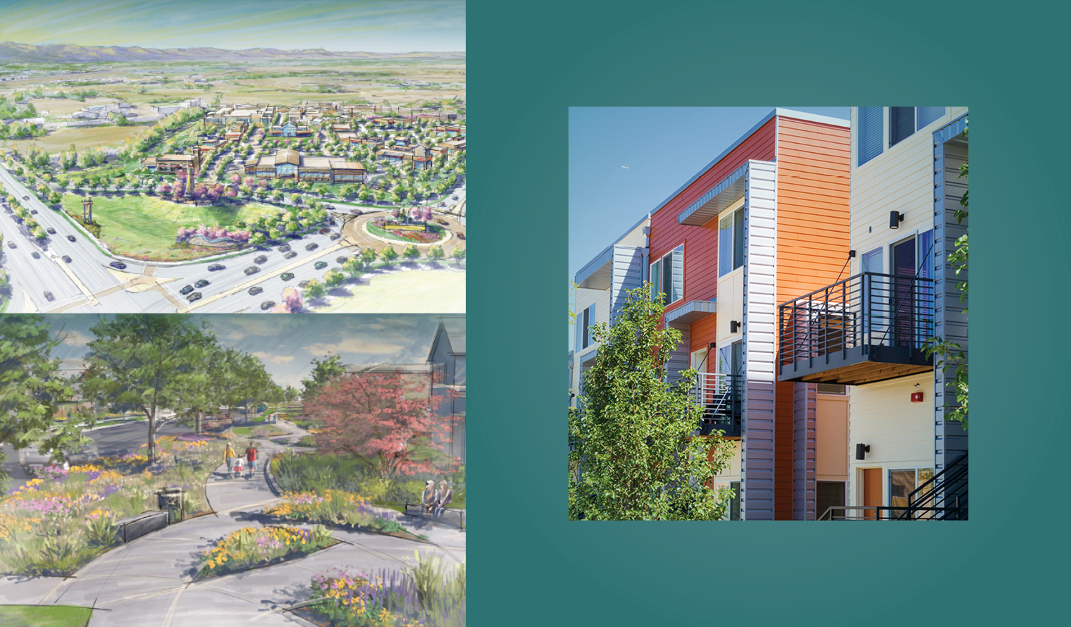 Sketch renderings and example attached home for Bloom new home community in Fort Collins